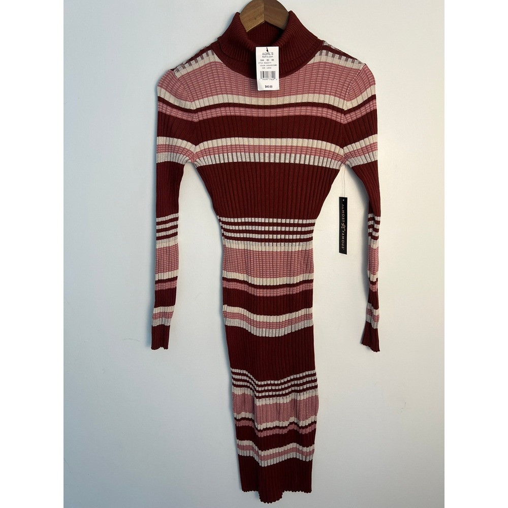 NWT! Almost Famous‎ WM LG Turtleneck Ribbed Stripe Sweater Dress Burlwood